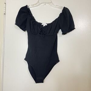 TOPSHOP black waffle knit milk maid off shoulder bodysuit size 4-6 Small